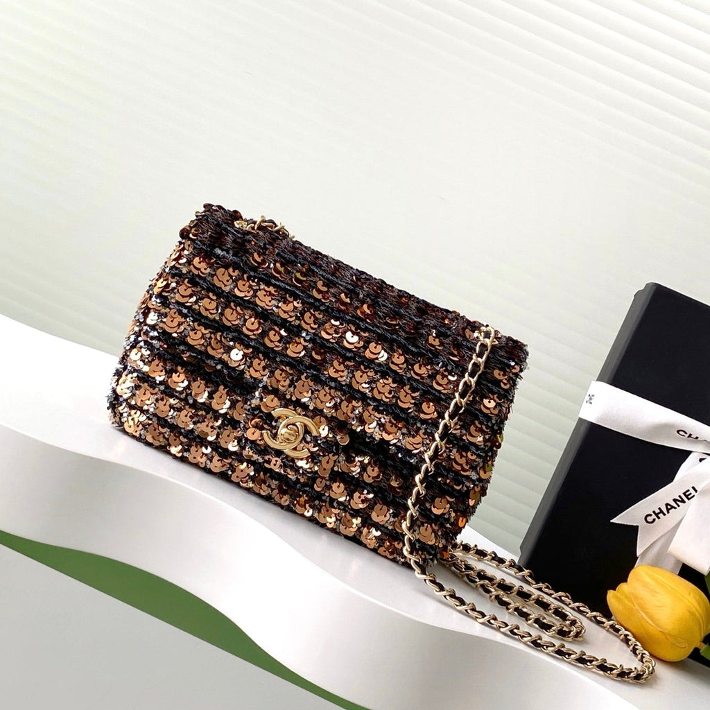 CLASSIC FLAP BAG 21 IN BROWN MIX BLACK SEQUINS
