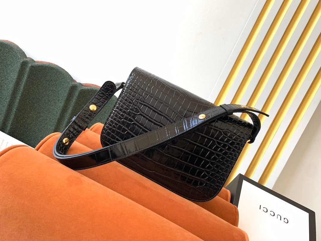 GG 1955 Horsebit Bag 25cm Black Crocodile Leather Gold Hardware
