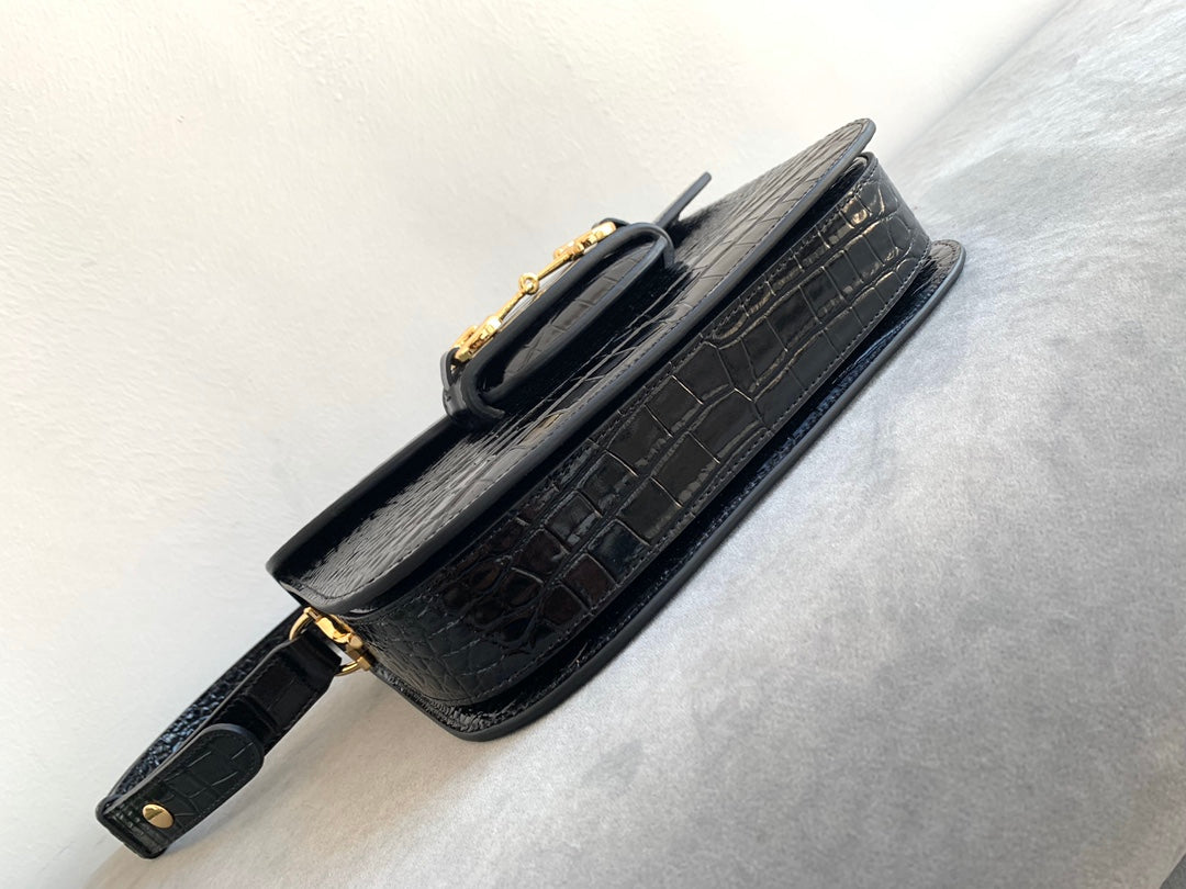 GG 1955 Horsebit Bag 25cm Black Crocodile Leather Gold Hardware