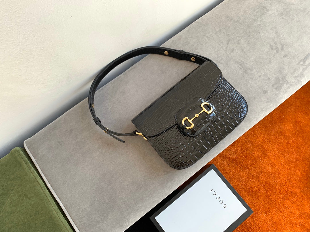 GG 1955 Horsebit Bag 25cm Black Crocodile Leather Gold Hardware